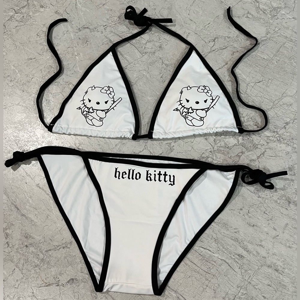 White Evil Hello Kitty Bikini 2pc Swimsuit Set Black and White Swimwear
